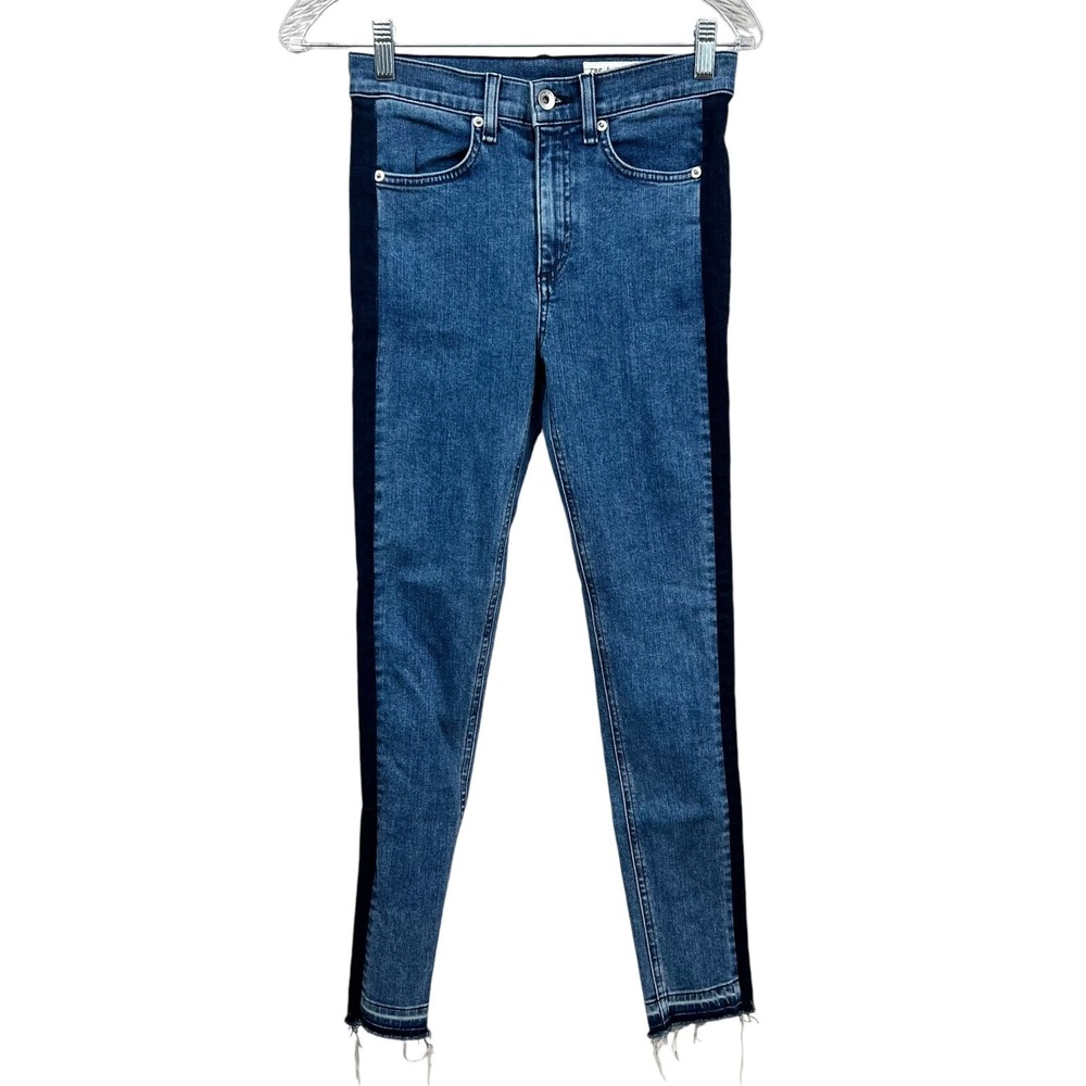 Rag & Bone Women Jeans Skinny Tuxedo Stripe Pockets Raw Hem Double Indigo Sz 26*